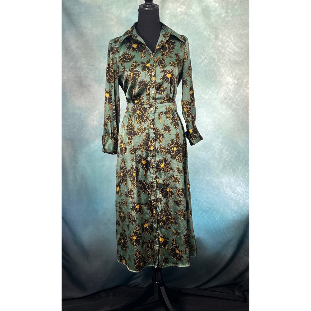 Who What Wear Green Floral Satin Button Down Midi Dress Small Long Sleeve